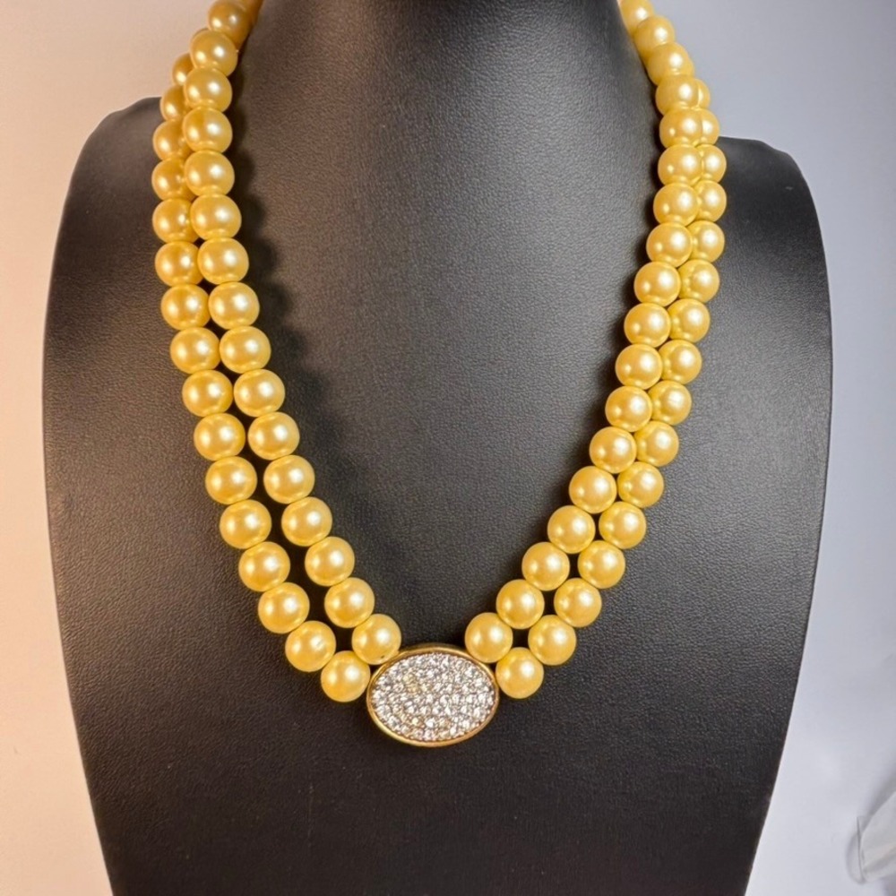Vintage Avon Double Strand Faux Pearl Necklace Yellow Gold Tone Rhinestone Boho